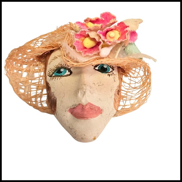 Vintage Lady Face Brooch Straw Hat Floral Pin Unique Costume Jewelry Ceramic - Picture 1 of 11